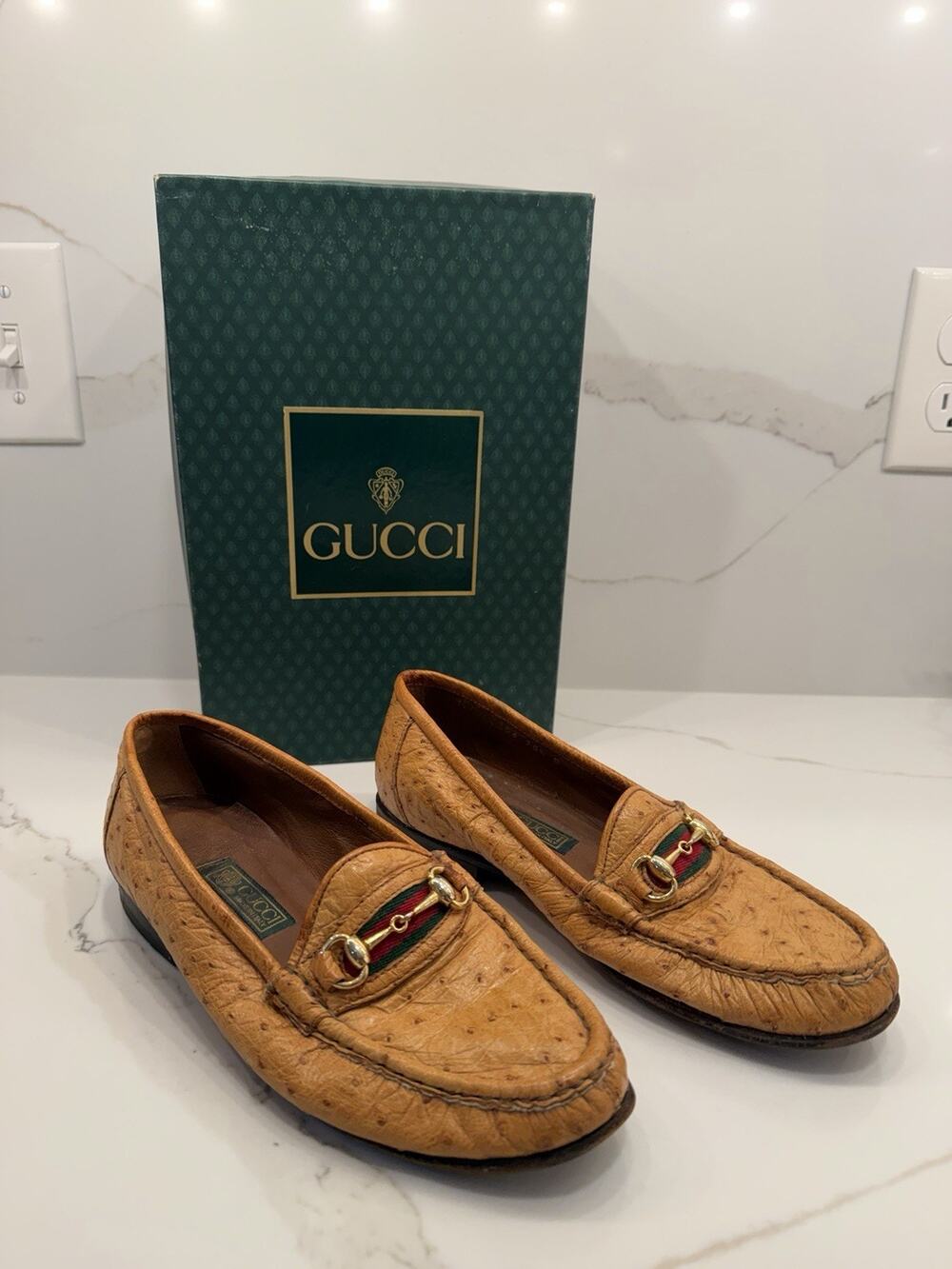 Vintage Gucci Ostrich Leather Horsebit Loafers 35.5 B Web Stripe Made Italy